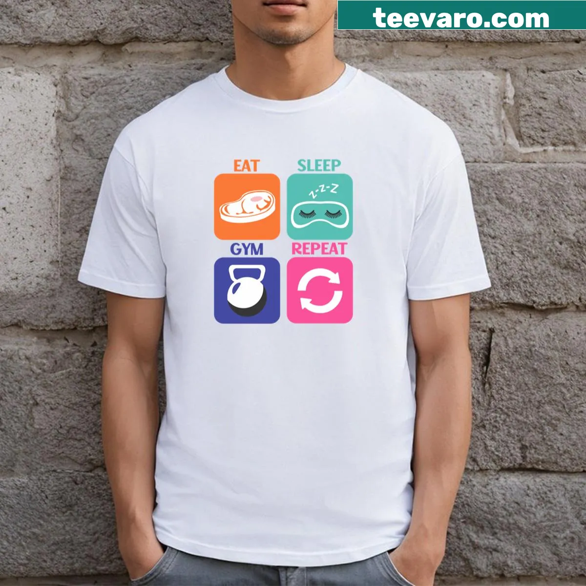 Motivational graphic T-shirt with 'Eat Sleep Gym Repeat' text — on a men's t-shirt