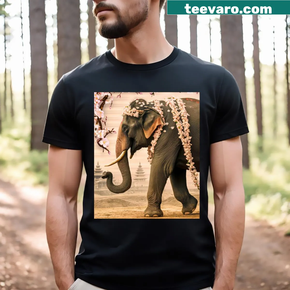Elephant portrait T-shirt with cherry blossom design — on a men's t-shirt