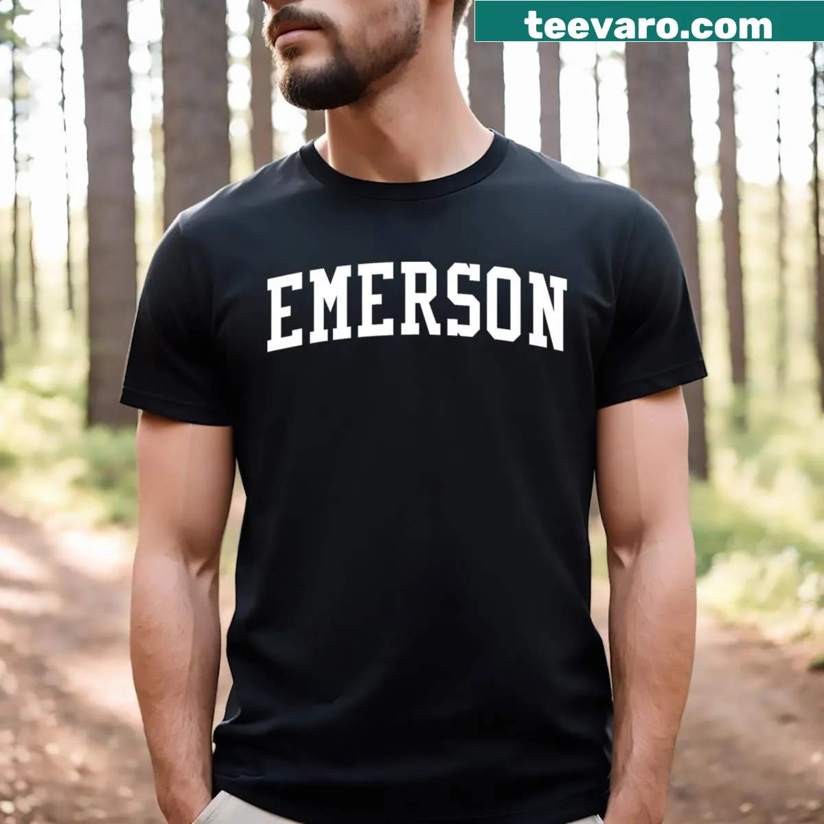 Retro Emerson College T-shirt with classic logo — on a men's t-shirt