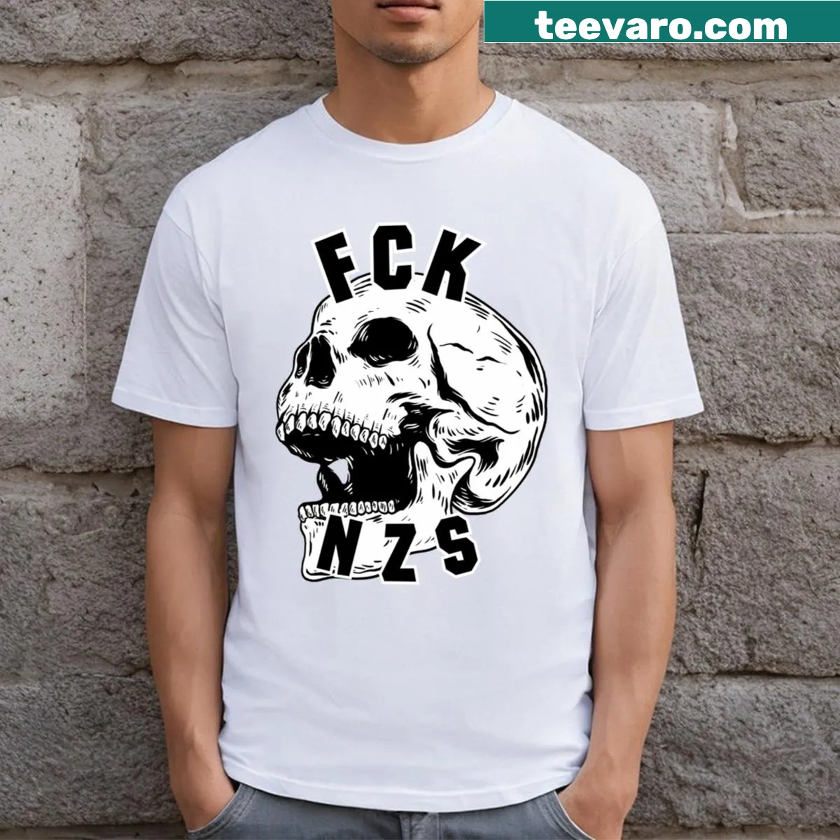 T-shirt with bold text 'Fck Nzs' in strong typography — on a men's t-shirt