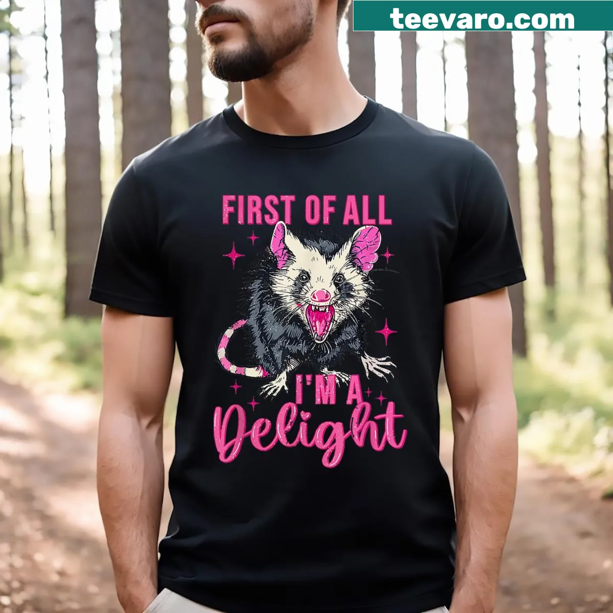 Sarcastic opossum graphic with text on a humorous t-shirt — on a men's t-shirt