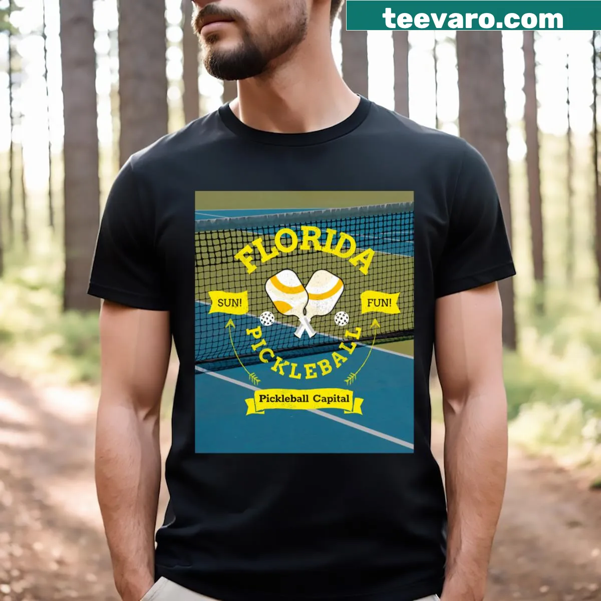 Florida Pickleball Capital text graphic T-shirt — on a men's t-shirt