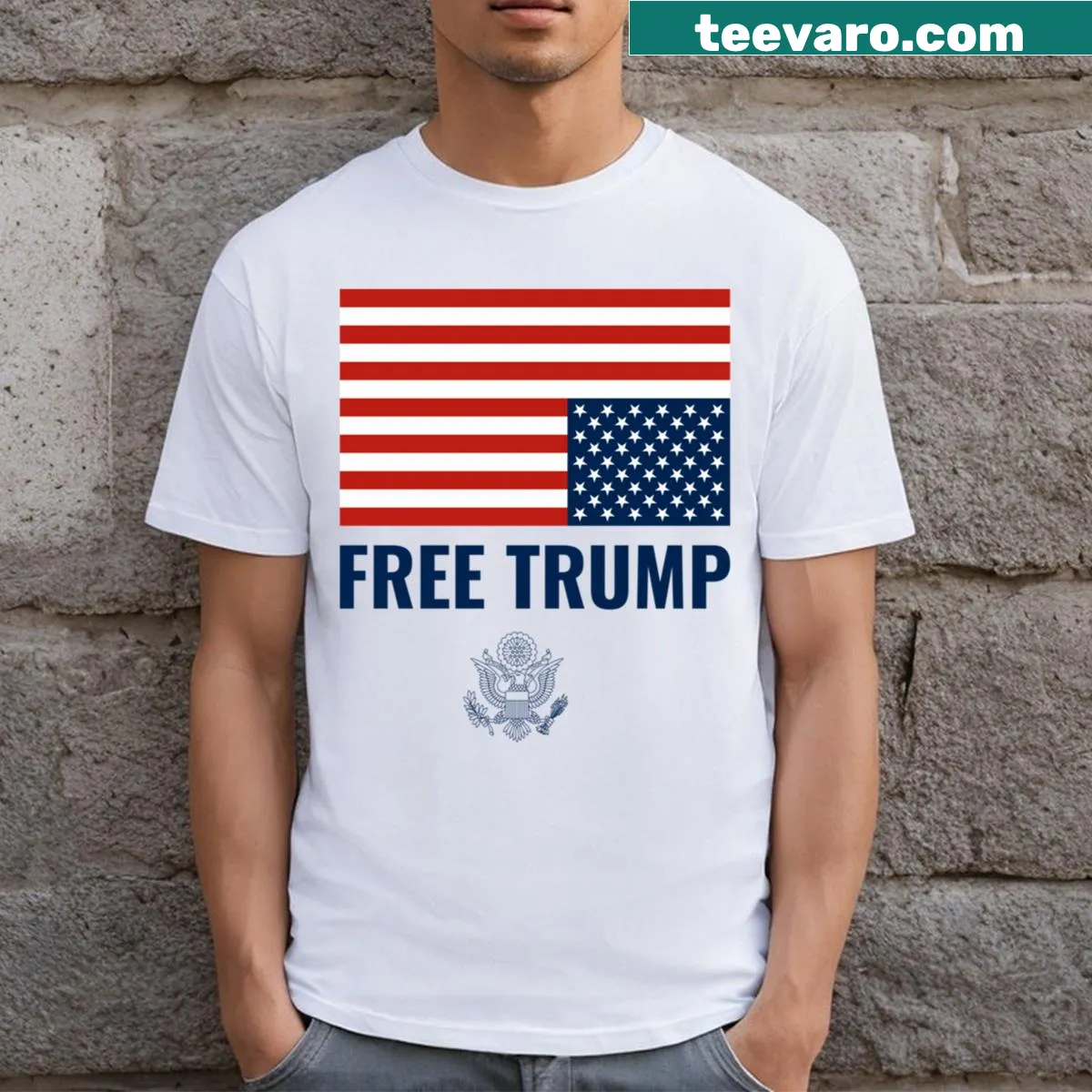T-shirt with upside-down American flag and 'Free Trump' text — on a men's t-shirt
