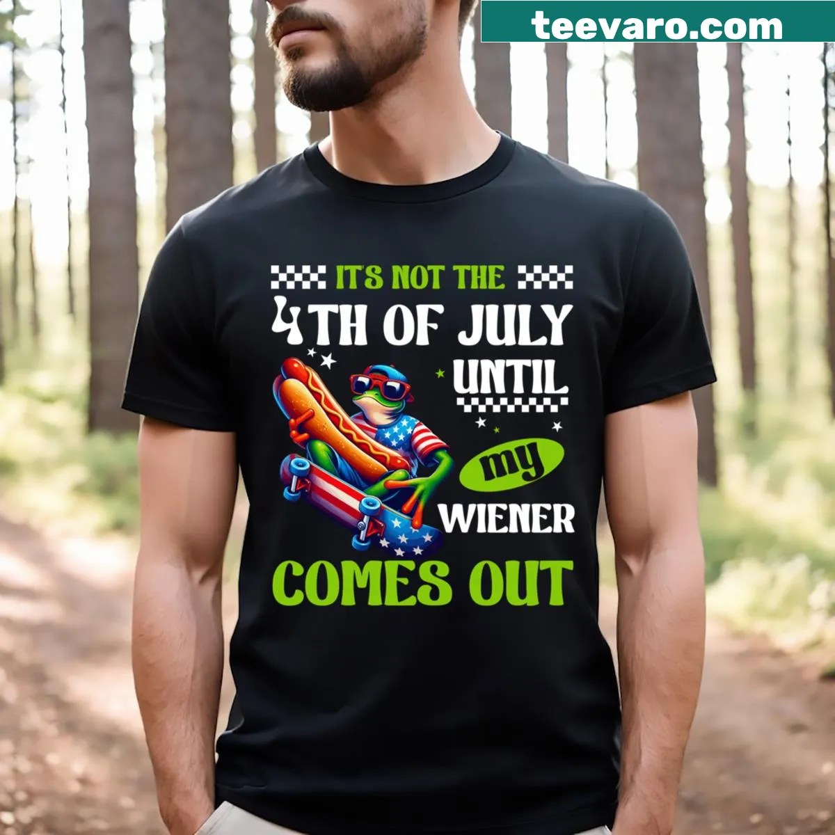 Playful graphic of a frog on a skateboard with a hotdog — on a men's t-shirt