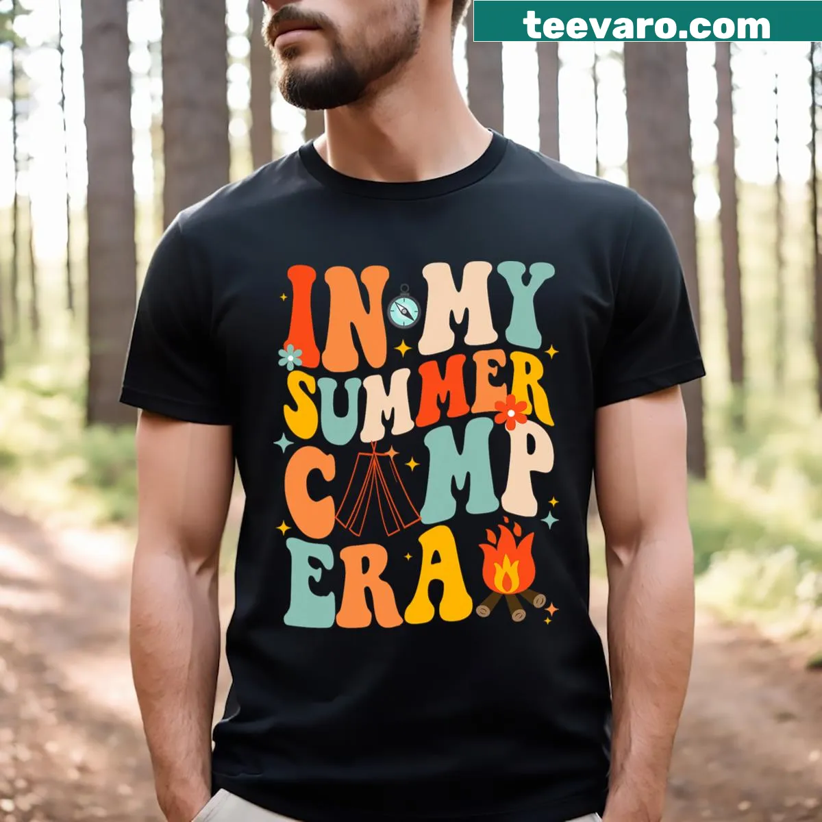 Playful T-shirt about summer camp and camping adventures — on a men's t-shirt