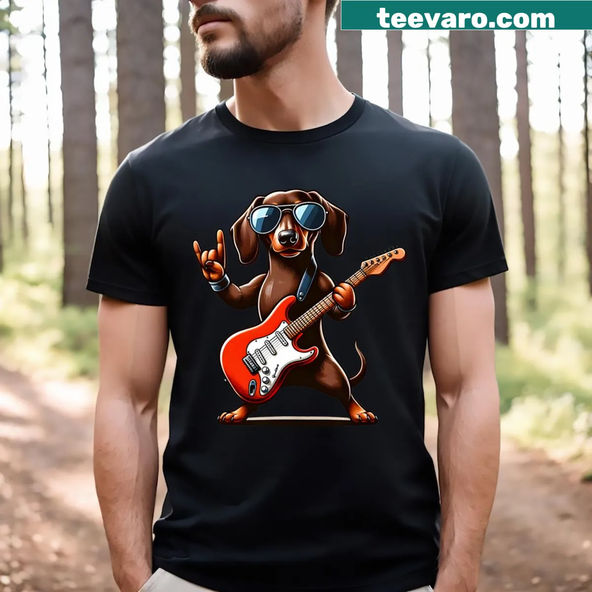 Dachshund playing guitar illustration on t-shirt — on a men's t-shirt