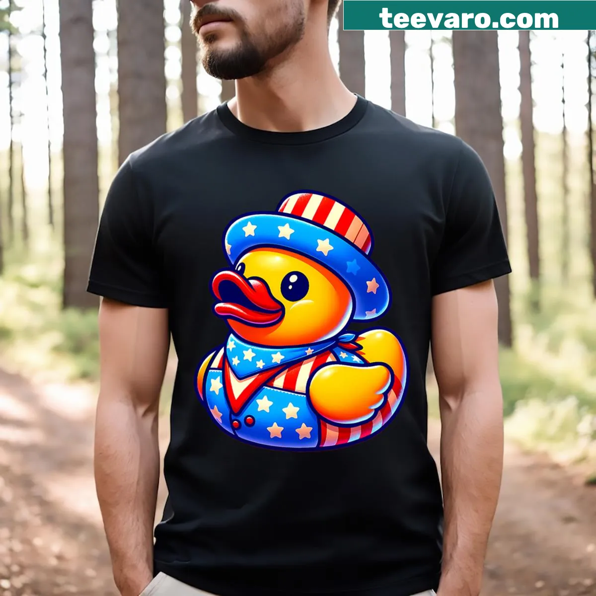Humorous rubber duck design for 4th of July T-shirt — on a men's t-shirt
