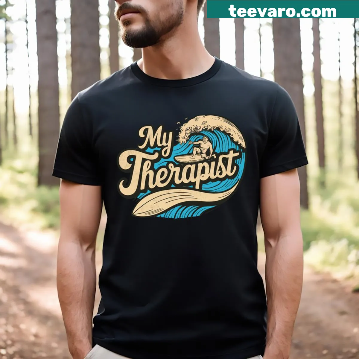 Sarcastic saying about surfing therapy on a humorous T-shirt — on a men's t-shirt