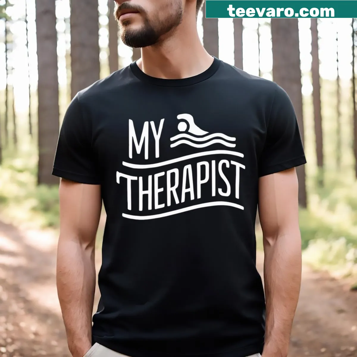 Swimming-themed t-shirt with humorous sayings about therapy — on a men's t-shirt