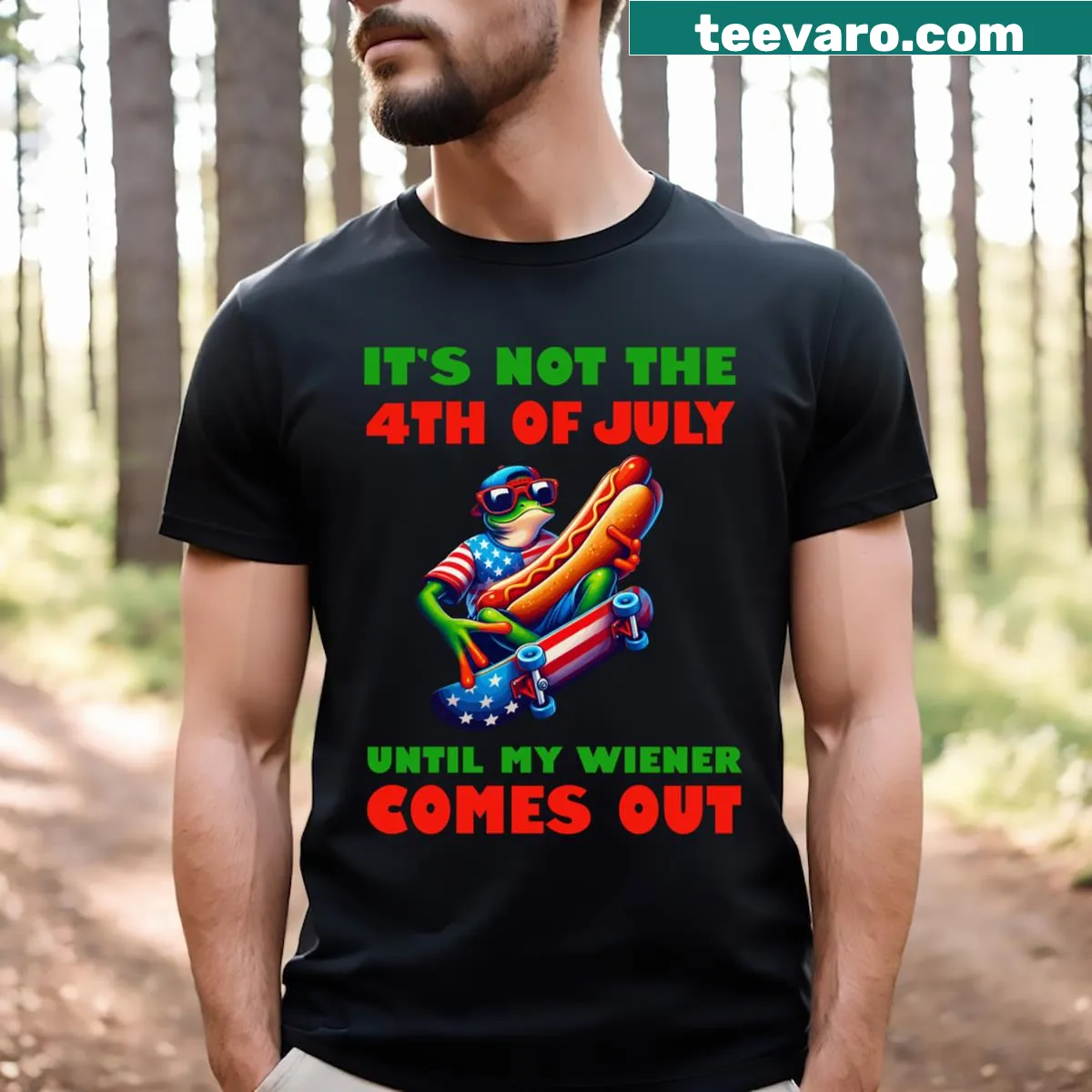 Cartoon frog skateboarding with a hotdog for July 4th — on a men's t-shirt
