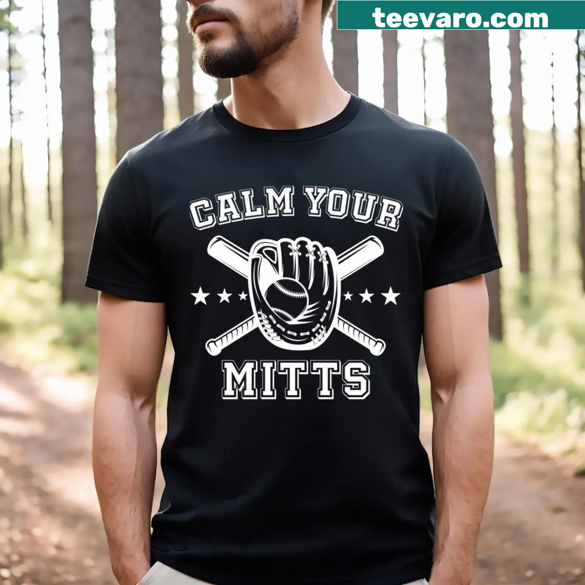 Funny graphic of a softball glove with the phrase Calm Your Mitts — on a men's t-shirt