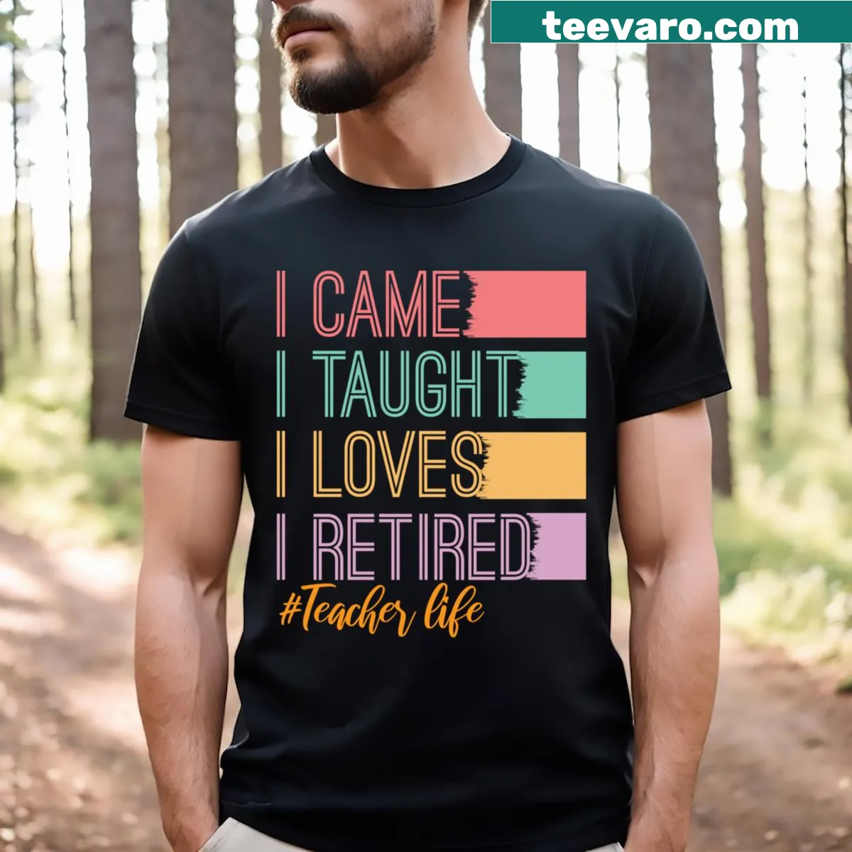 Text-based design celebrating teacher retirement — on a men's t-shirt