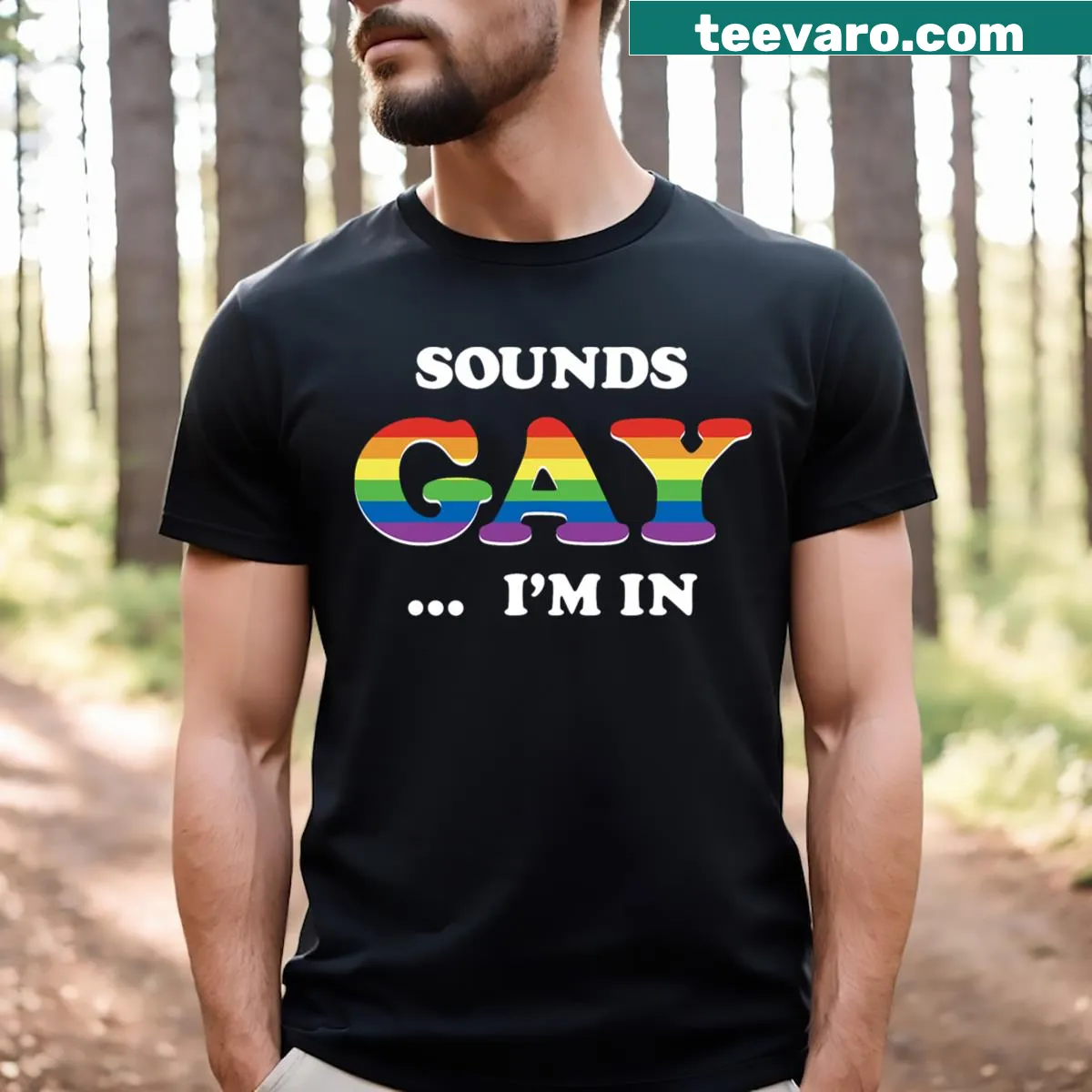 Pride-themed graphic on t-shirt with rainbow text — on a men's t-shirt