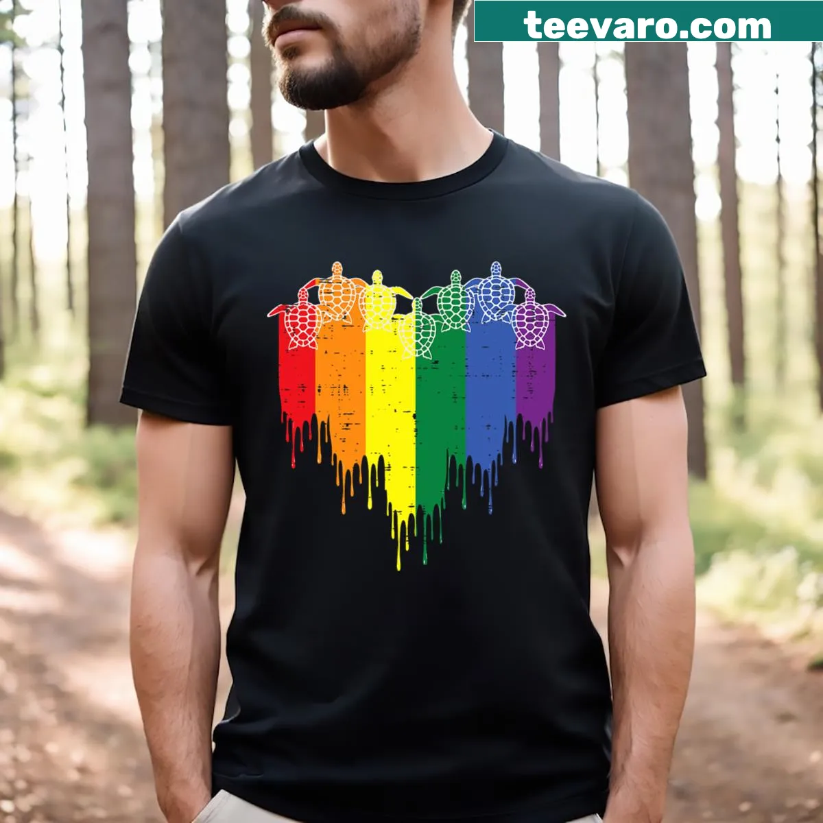 Turtle and rainbow heart design on a T-shirt — on a men's t-shirt