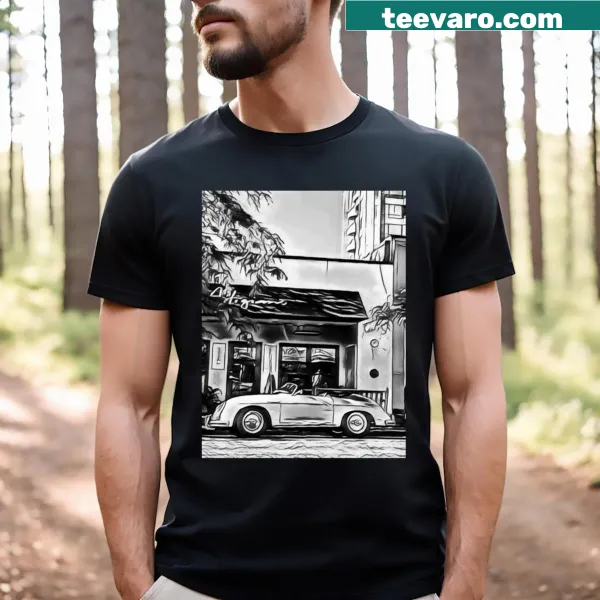 T-shirt featuring a stylized silhouette of a German sports car.