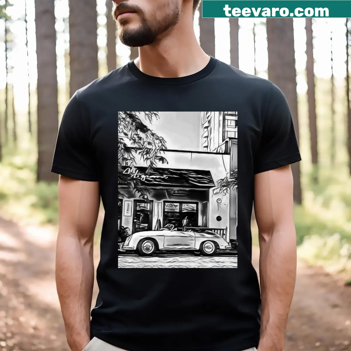T-shirt featuring a stylized silhouette of a German sports car. — on a men's t-shirt