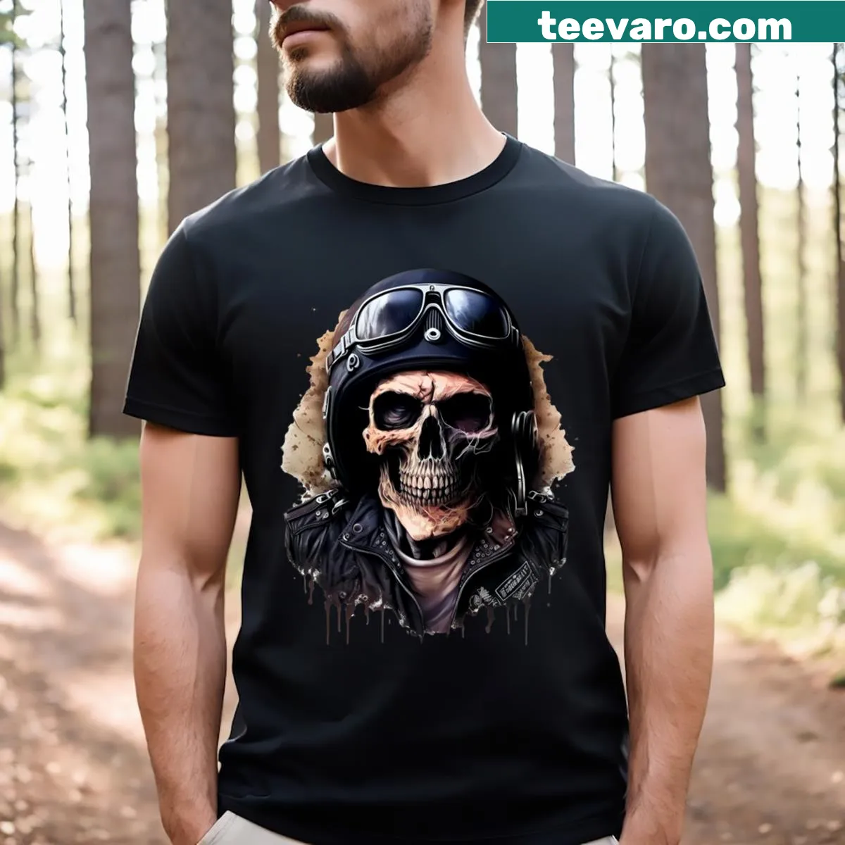 Gothic skull graphic wearing a biker helmet with goggles on a t-shirt — on a men's t-shirt