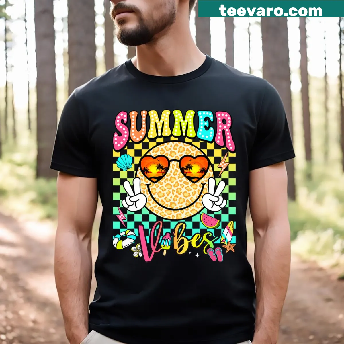 Kids T-shirt featuring a groovy summer vibes design with beach elements — on a men's t-shirt