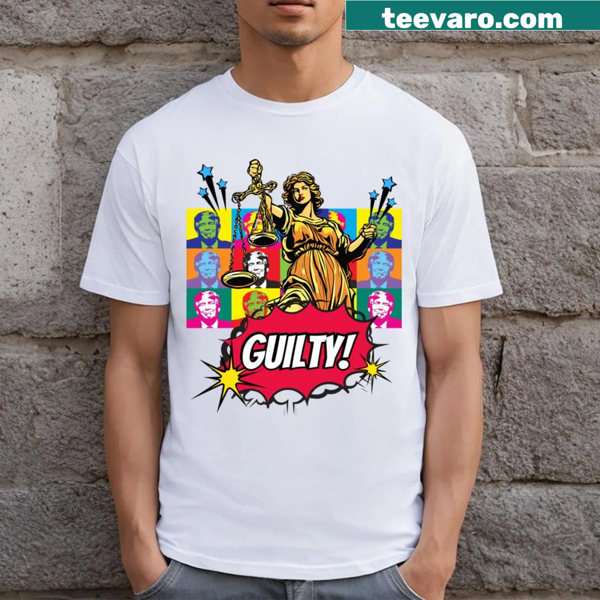 T-shirt stating 'Guilty Donald Trump Convicted 34 Counts' in bold letters — on a men's t-shirt