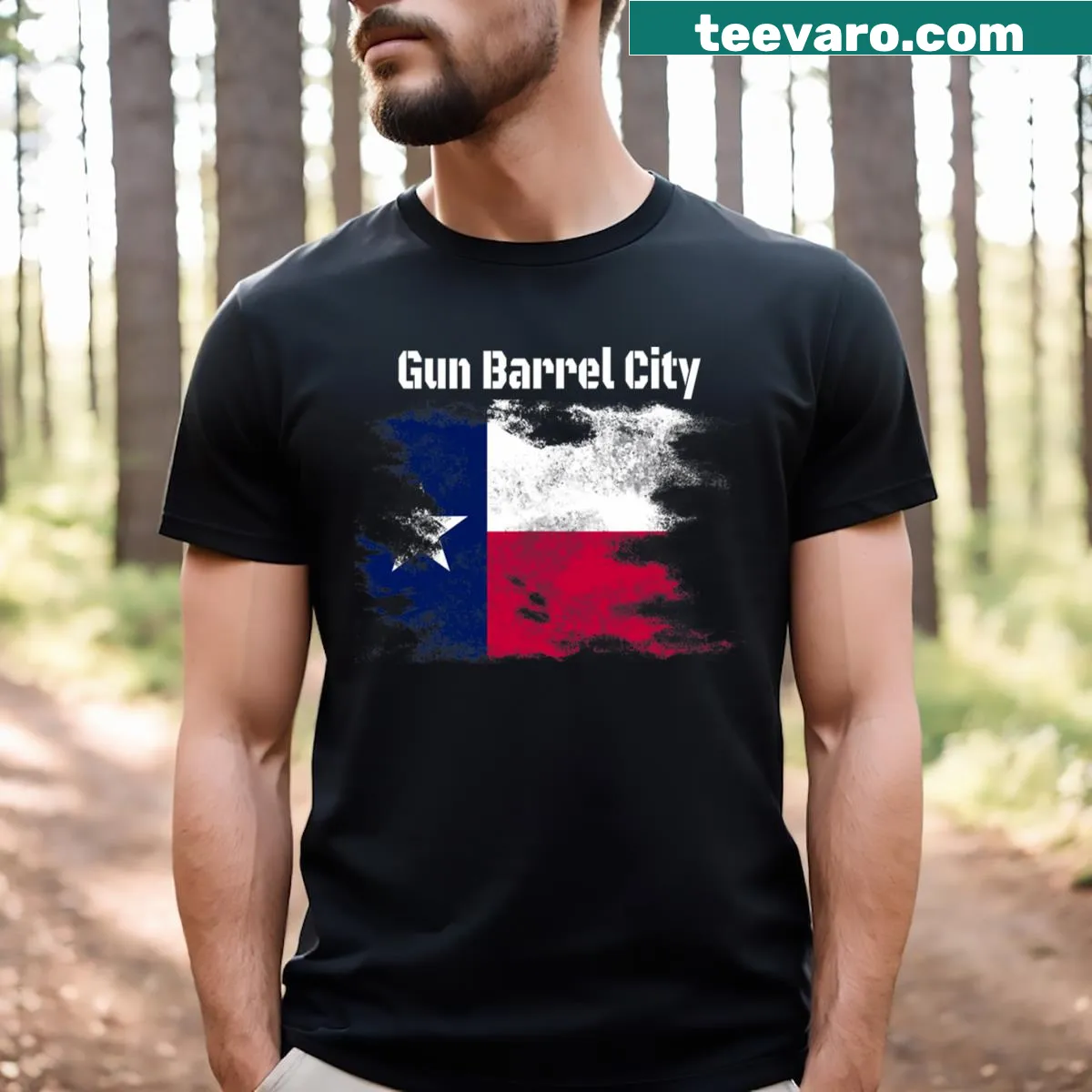 Gun Barrel City Texas novelty t-shirt with unique graphic — on a men's t-shirt