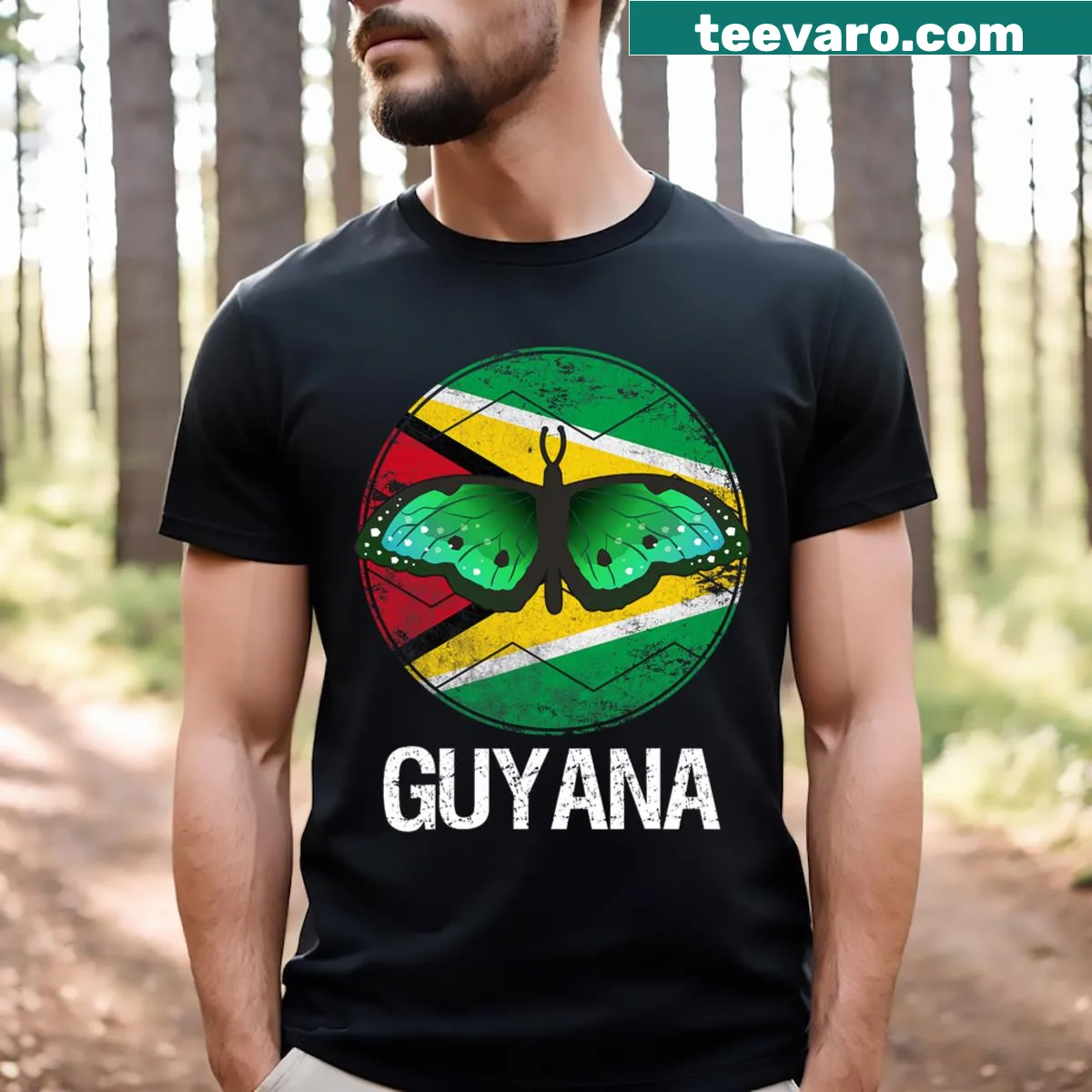 Butterfly graphic t-shirt featuring the Guyana flag — on a men's t-shirt