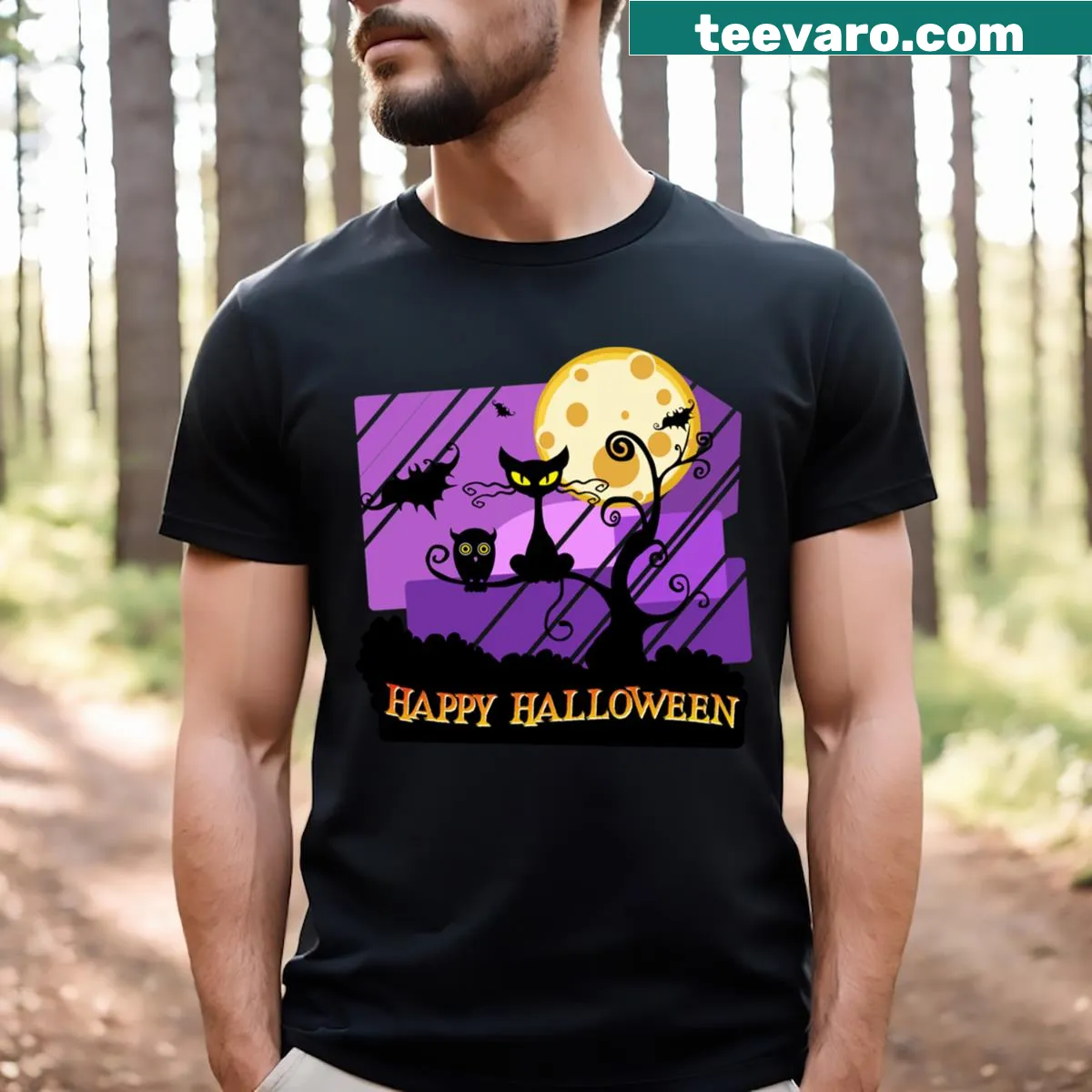 Whimsical Halloween cat T-shirt with moon graphic — on a men's t-shirt