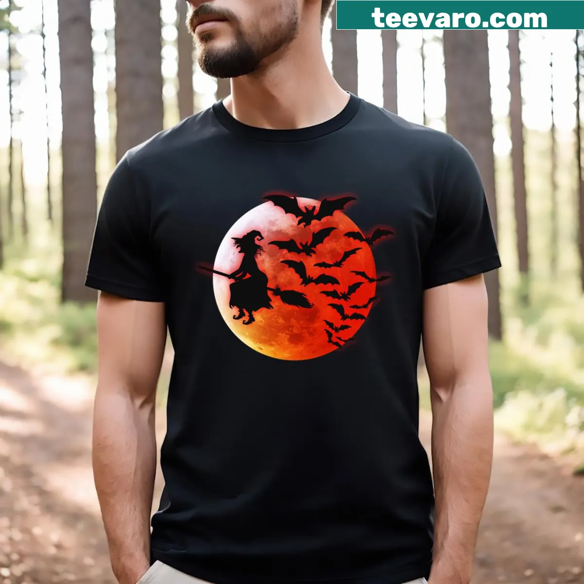 Witch graphic T-shirt with blood moon design — on a men's t-shirt