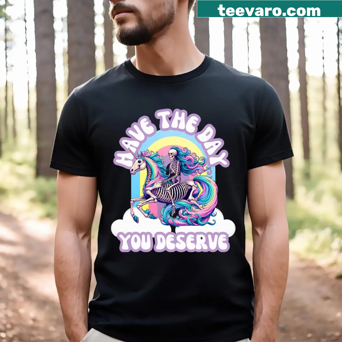 Whimsical goth skeleton unicorn t-shirt with playful text — on a men's t-shirt