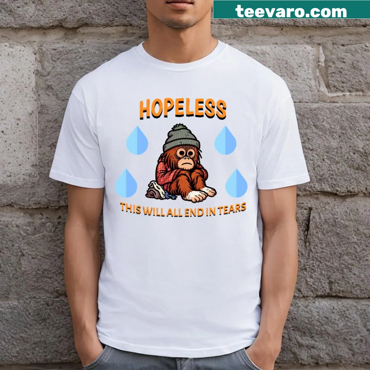 Illustrated T-shirt of a friendly orangutan — on a men's t-shirt