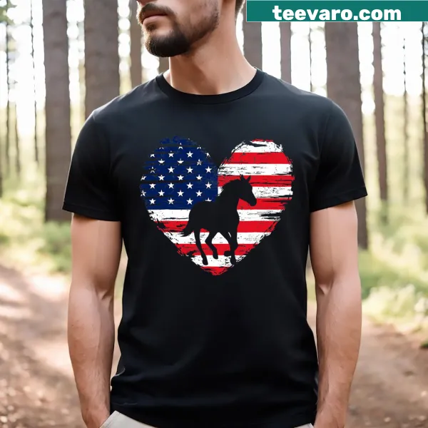 Horse and American flag heart graphic on a patriotic t-shirt