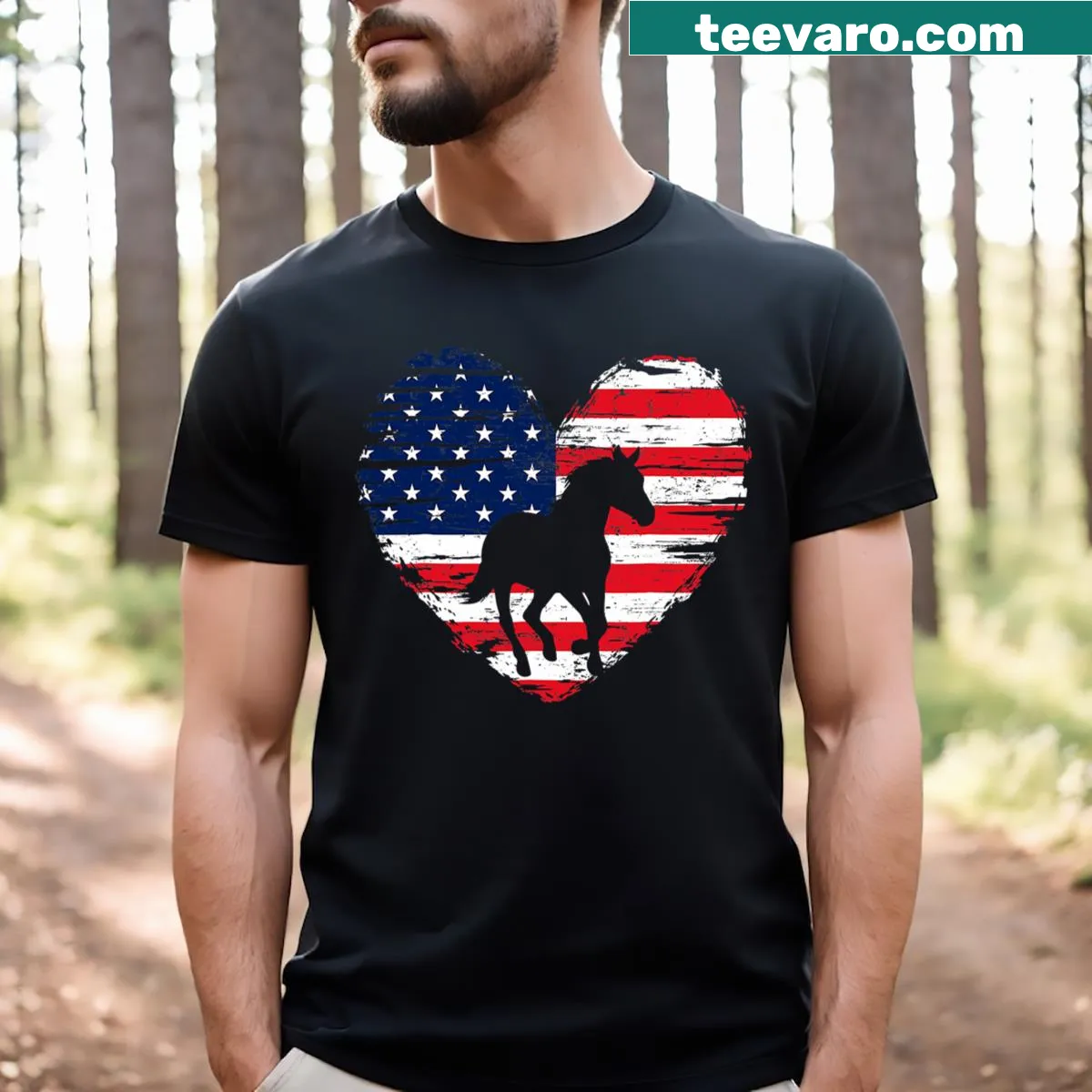 Horse and American flag heart graphic on a patriotic t-shirt — on a men's t-shirt