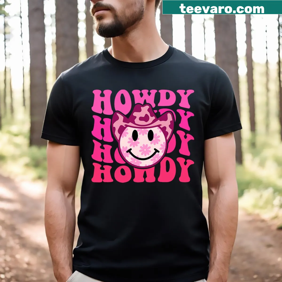 Cartoon cowgirl with a groovy smile on a western-themed t-shirt — on a men's t-shirt