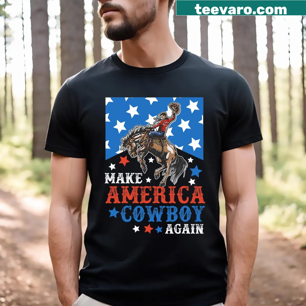 Patriotic cowboy rodeo design T-shirt with western elements — on a men's t-shirt