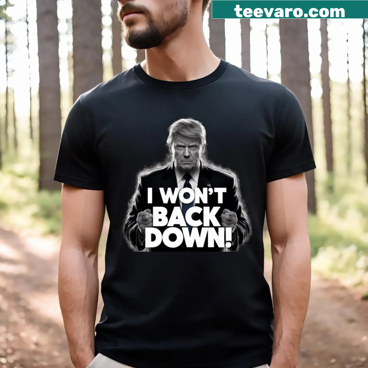 Bold 'I Won't Back Down' statement graphic t-shirt — on a men's t-shirt