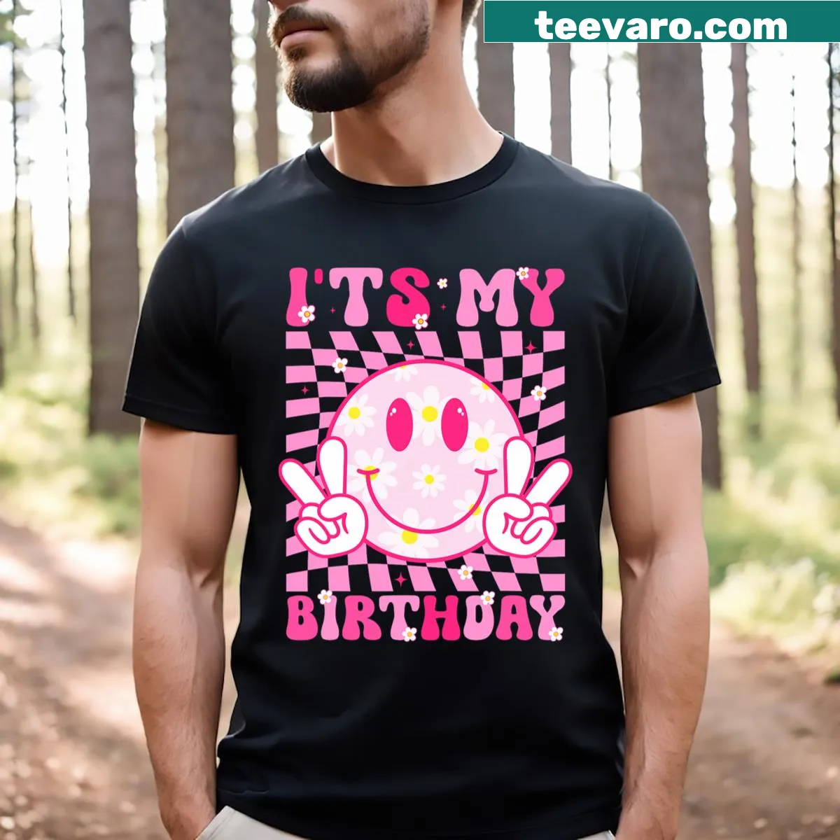 Groovy birthday t-shirt with flower design, perfect for kids — on a men's t-shirt