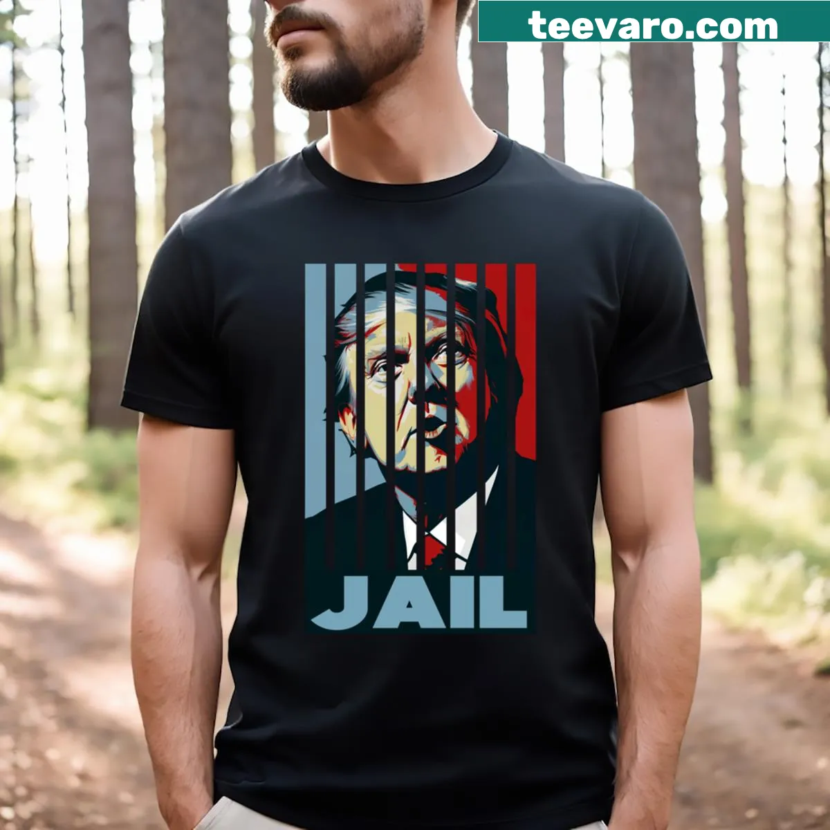 Political shirt featuring bold text about Donald Trump and justice — on a men's t-shirt