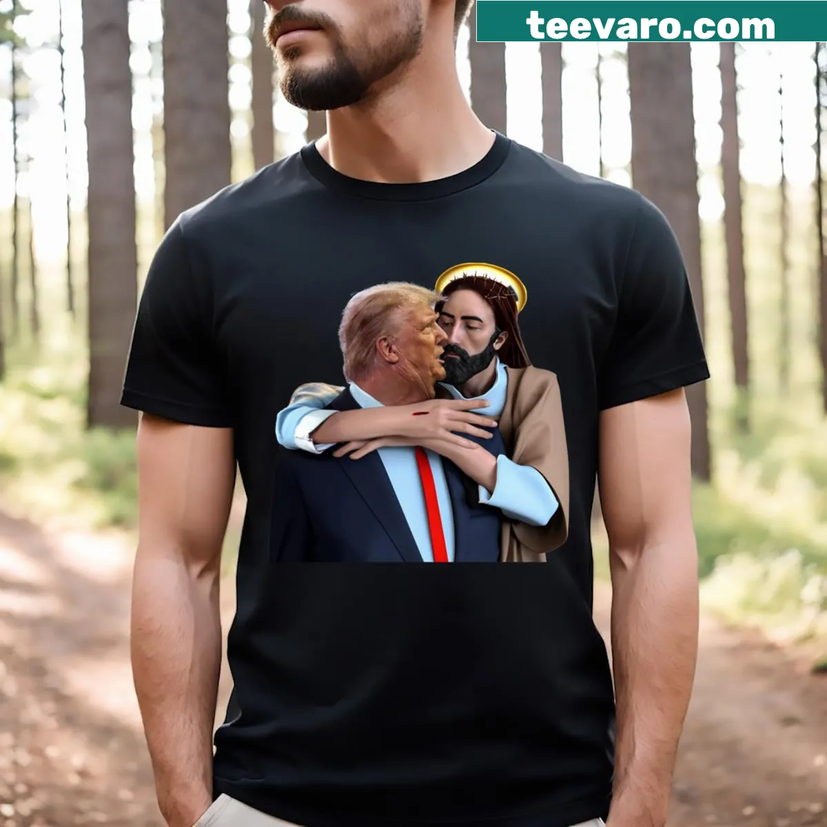 T-shirt featuring an illustration of Jesus hugging Donald Trump — on a men's t-shirt