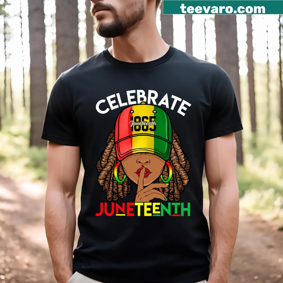 Juneteenth T-shirt celebrating freedom with loc'd hair design — on a men's t-shirt