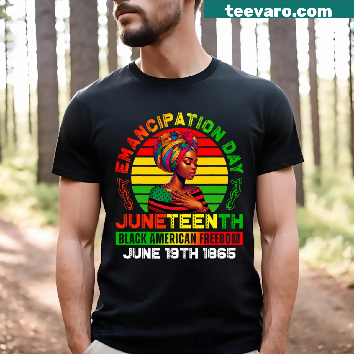 T-shirt celebrating Black history and Juneteenth — on a men's t-shirt