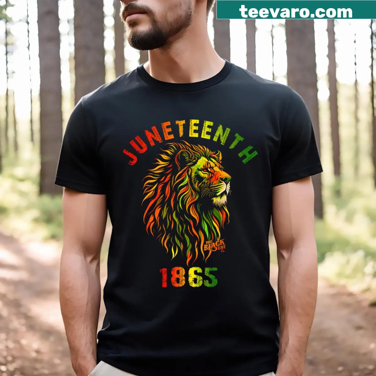 T-shirt featuring a lion and the year 1865 for Juneteenth celebration — on a men's t-shirt