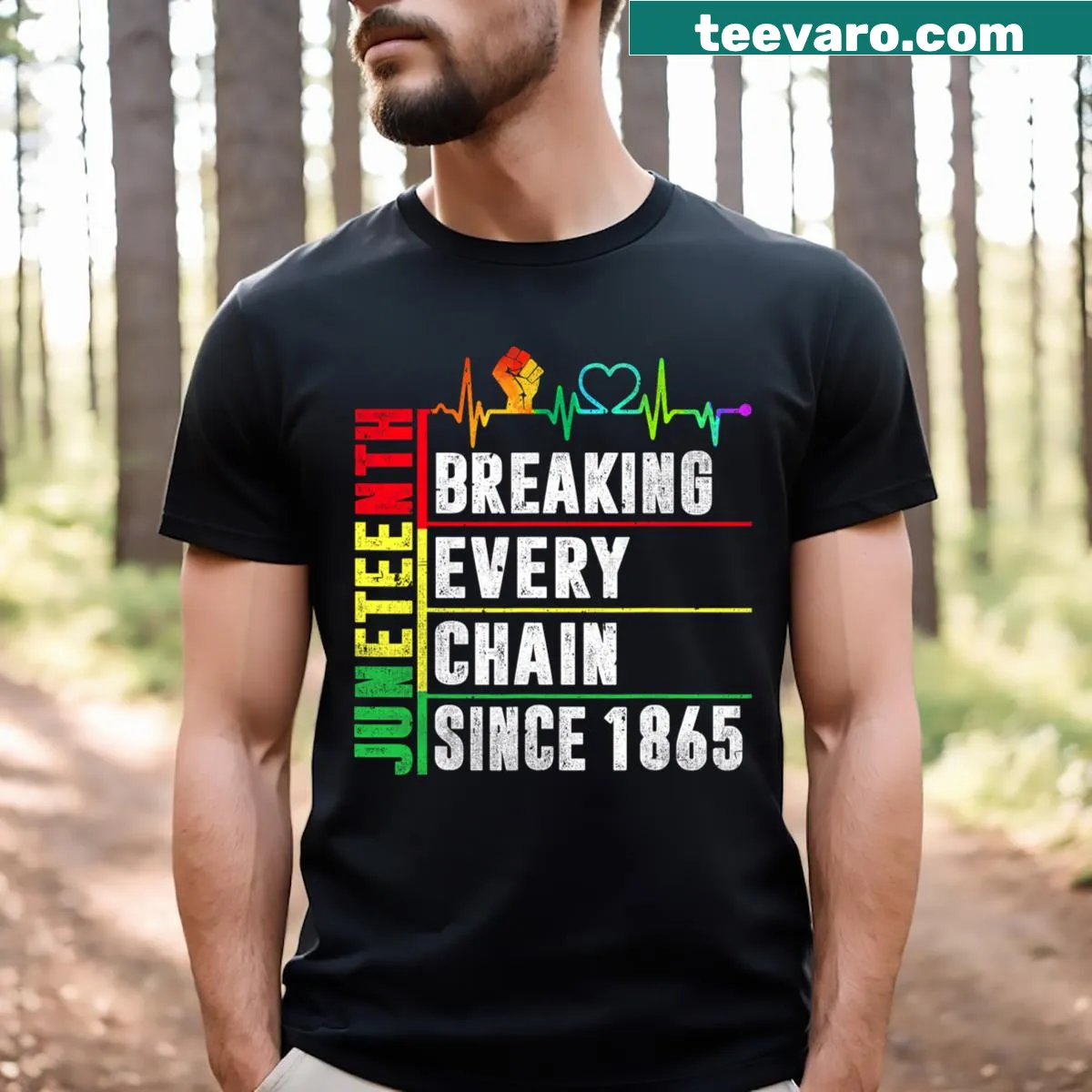 Inspirational T-shirt about breaking chains since 1865 — on a men's t-shirt