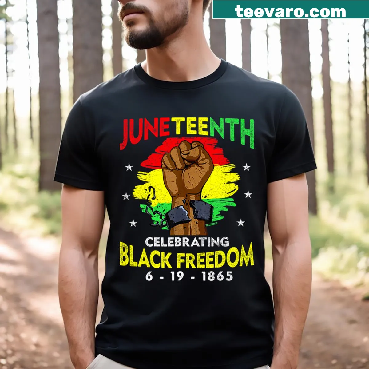 Graphic T-shirt celebrating Juneteenth and Black freedom day — on a men's t-shirt