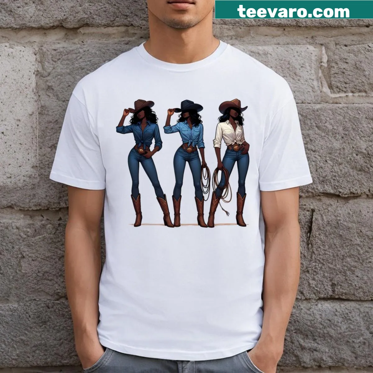 Cowgirl graphic T-shirt celebrating Black history and rodeo culture — on a men's t-shirt