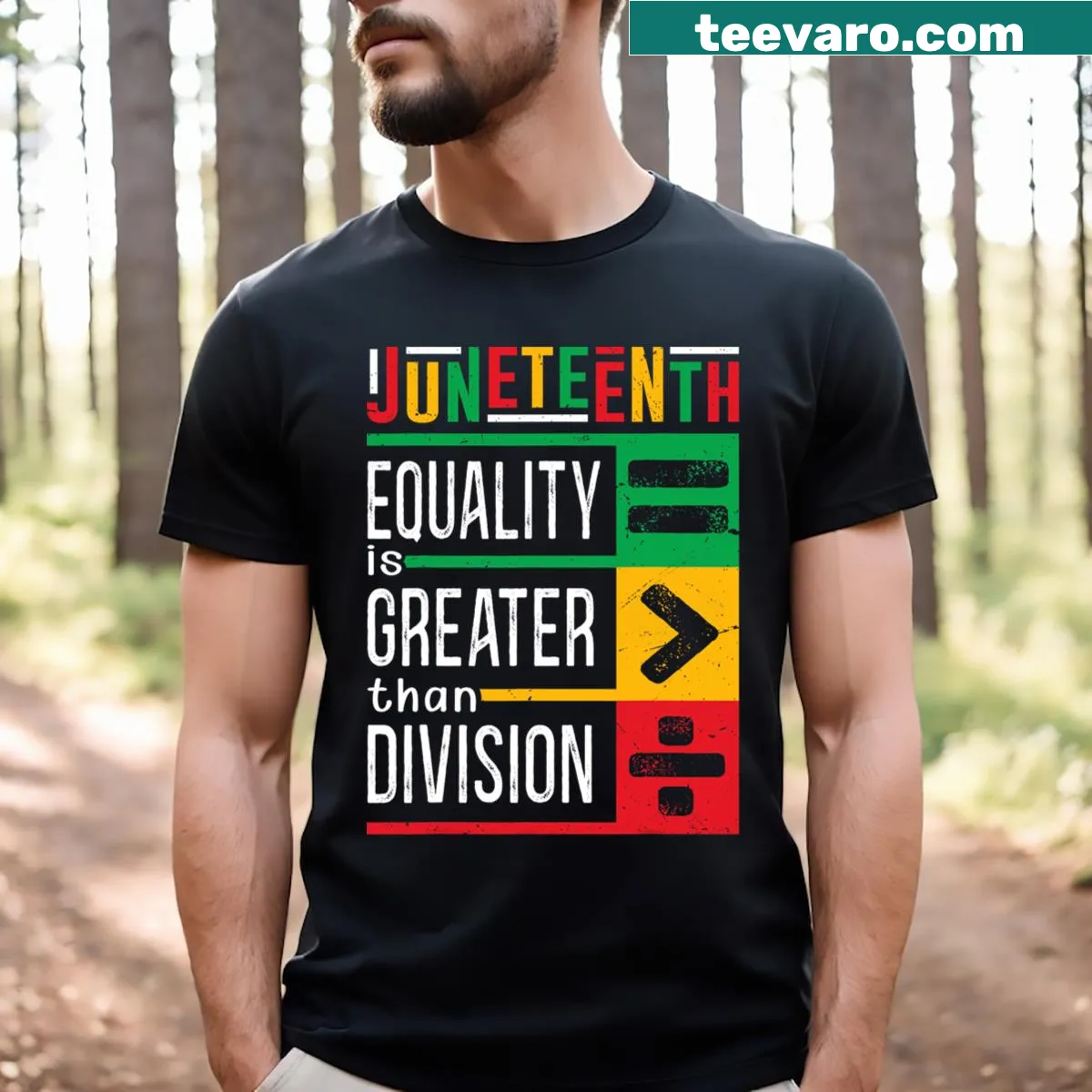 T-shirt with equality message celebrating Juneteenth and Black unity — on a men's t-shirt