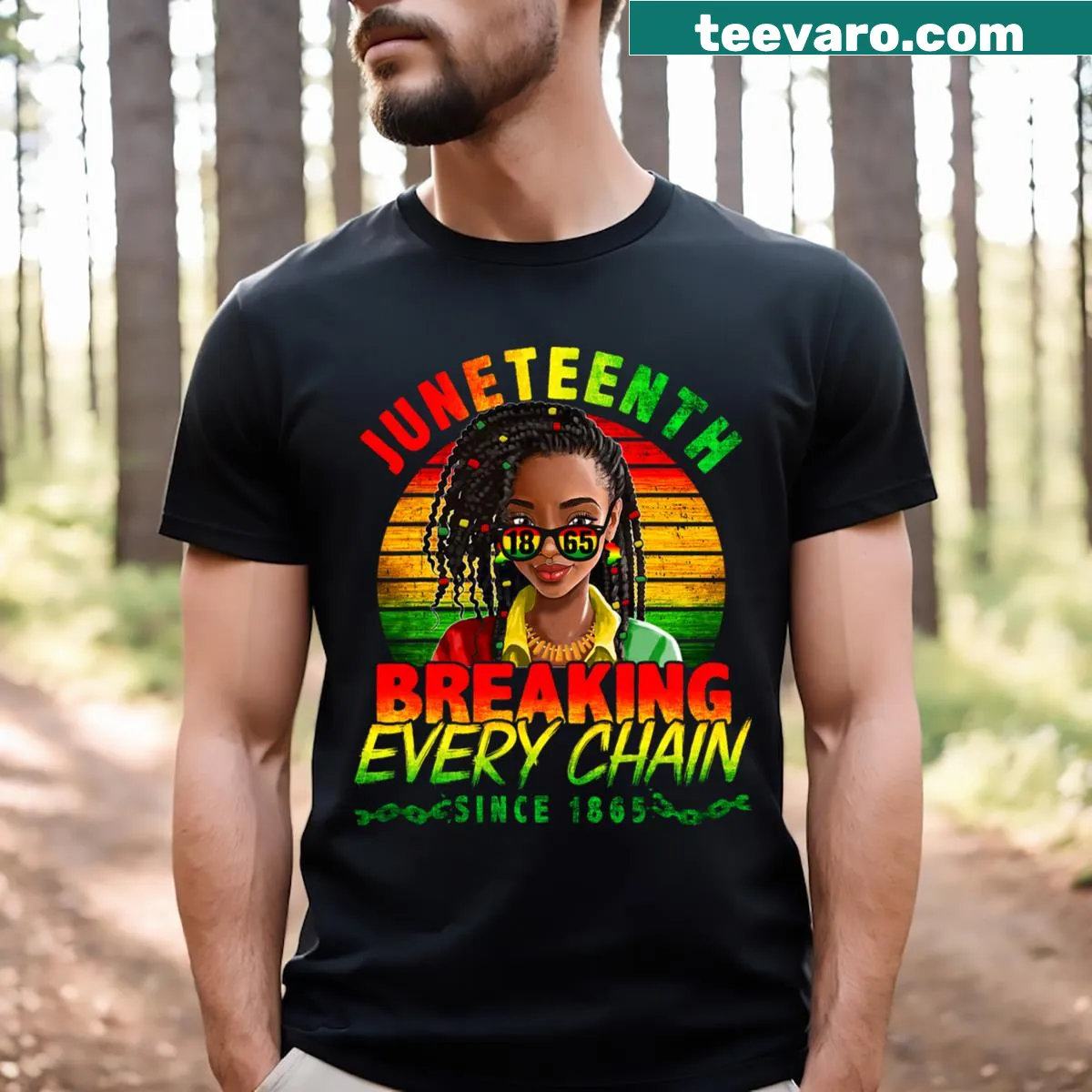 T-shirt with message about breaking chains since 1865 for Juneteenth — on a men's t-shirt