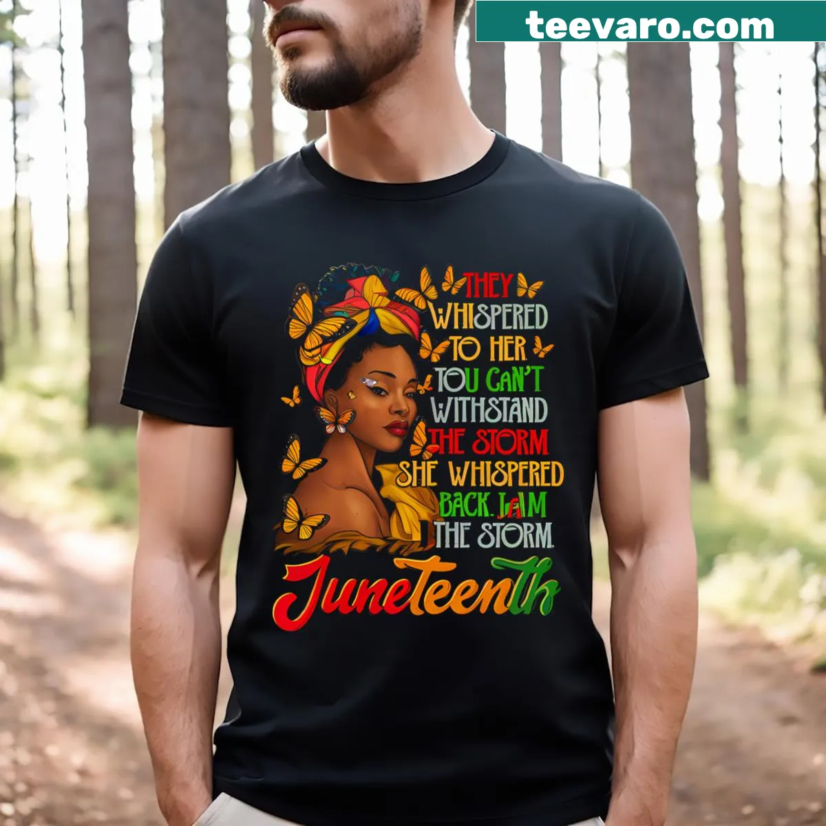 Powerful graphic T-shirt with 'I Am The Storm' message for Juneteenth — on a men's t-shirt