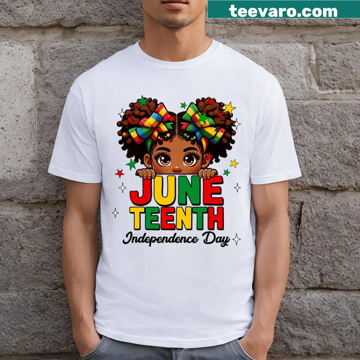 Illustrative Juneteenth T-shirt featuring a cute girl celebrating freedom. — on a men's t-shirt