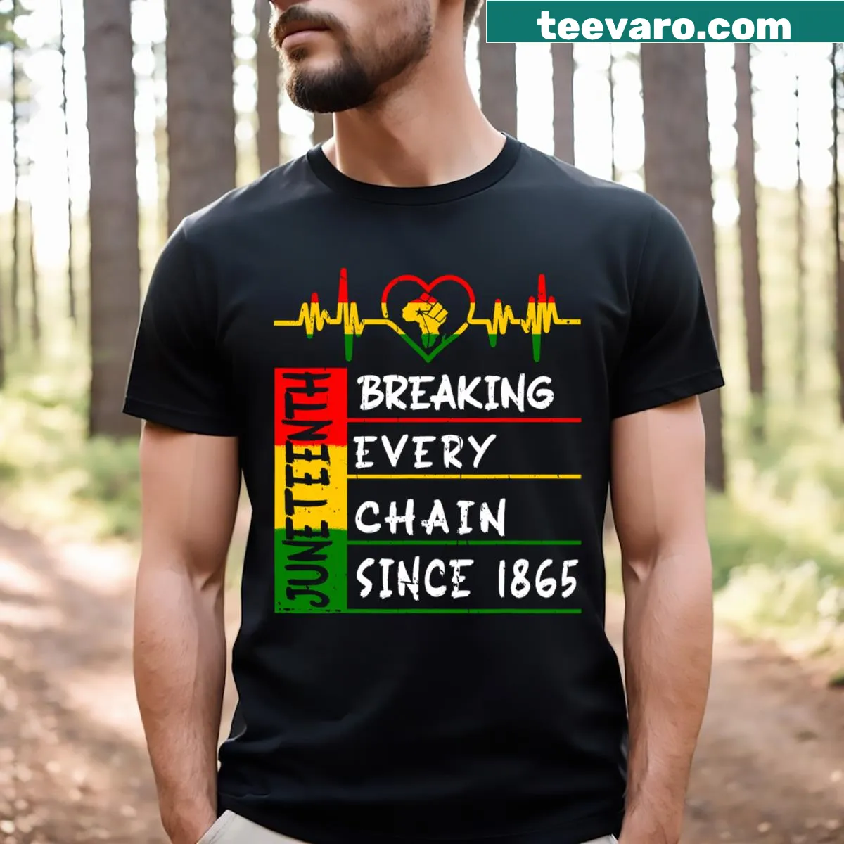 Juneteenth shirt with text Breaking Every Chain Since 1865 — on a men's t-shirt