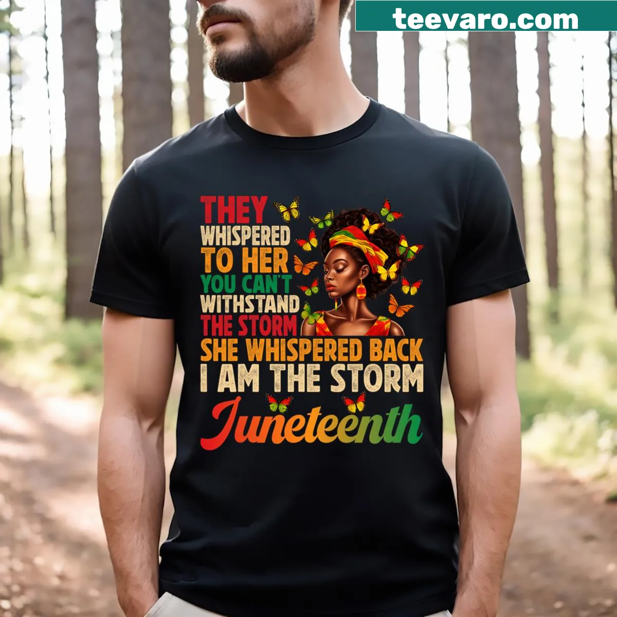 Juneteenth I Am The Storm shirt with freedom message — on a men's t-shirt