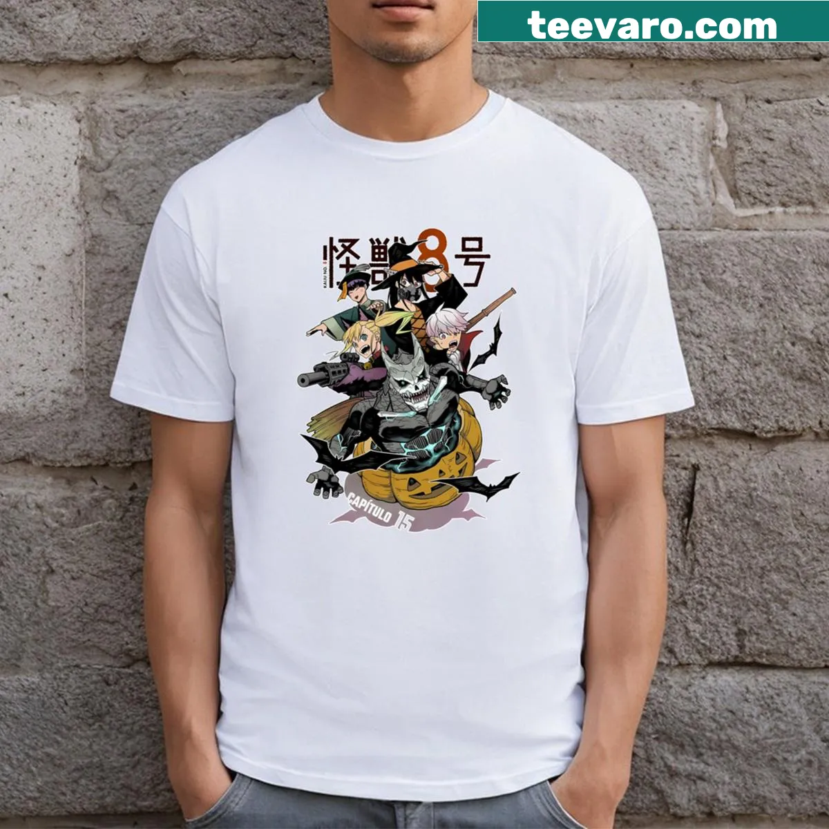 Dynamic Kaiju No 8 themed T-shirt design — on a men's t-shirt